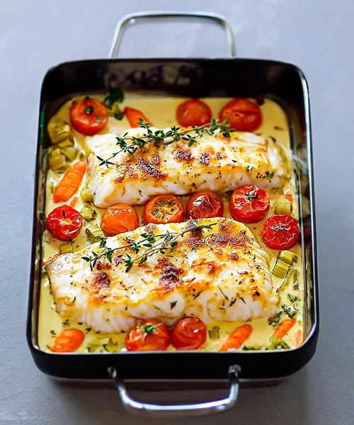 Pieczone filety z dorsza ze śmietaną i warzywami