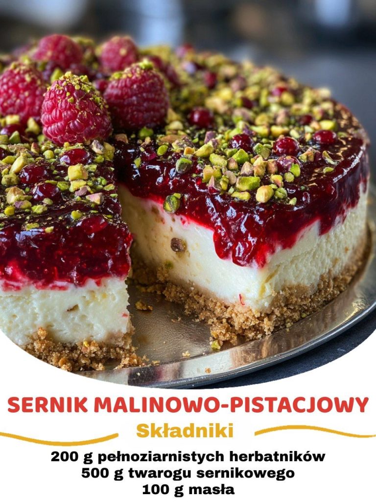 Sernik malinowo-pistacjowy z galaretką i chrupiącą posypką